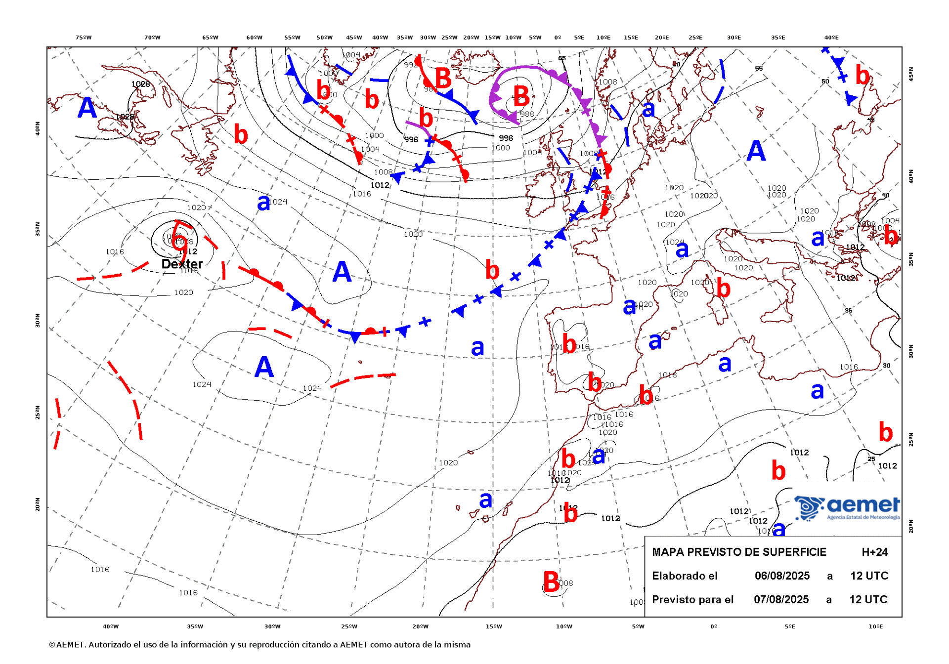Mapa de isobaras facilitado por la Aemet previsto para el 07/08/2025. EFE/ SOLO USO EDITORIAL/SOLO DISPONIBLE PARA ILUSTRAR LA NOTICIA QUE ACOMPAÑA (CRÉDITO OBLIGATORIO)