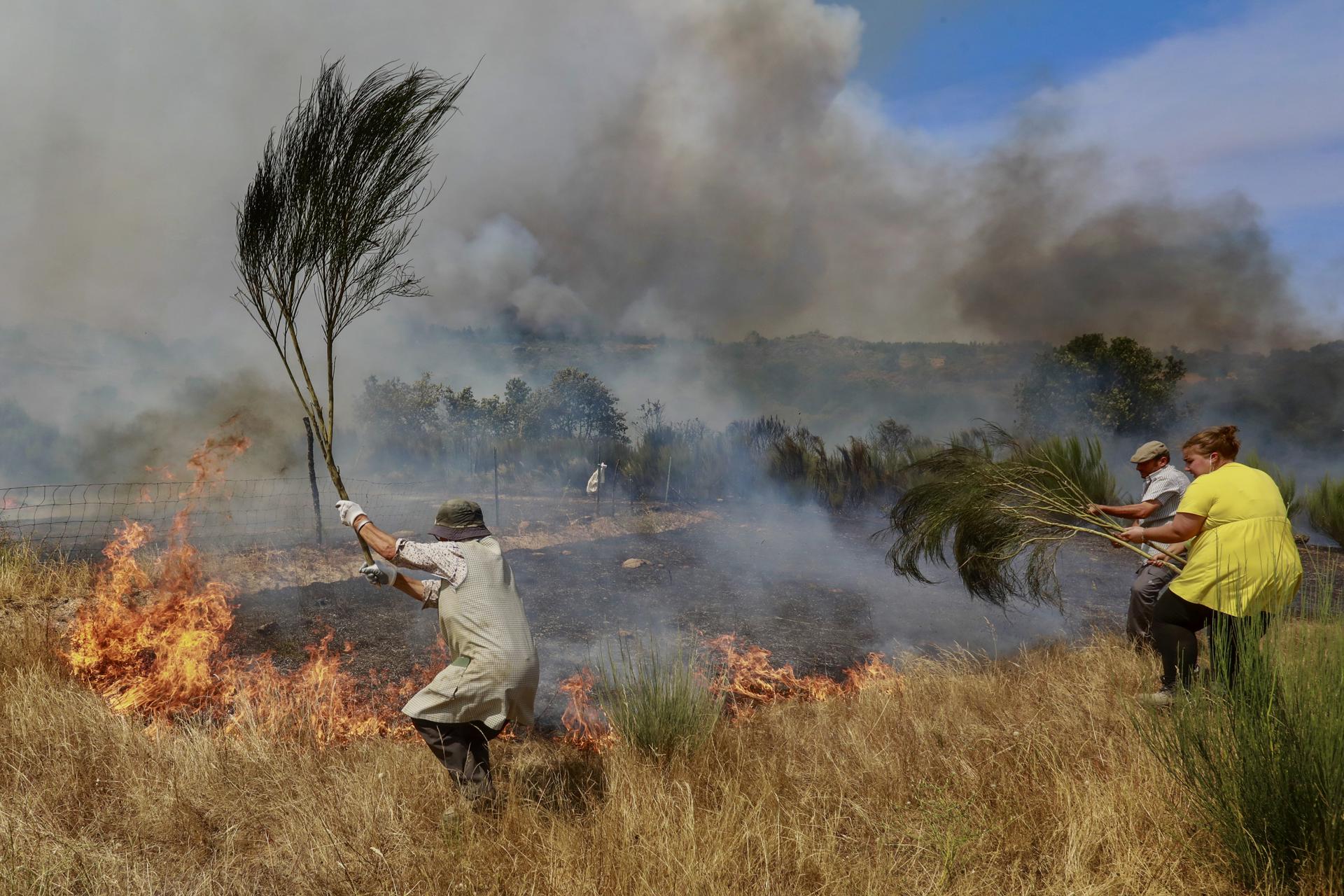 En la imagen de ayer, tres vecinos intentan extinguir las llamas de una zona durante un incendio forestal en Sao Pedro e Santa Maria, Trancoso, Portugal. EFE/EPA/MIGUEL PEREIRA DA SILVA