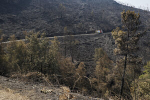 Un camión de bomberos revisa este jueves zonas quemadas en Quiroga (Lugo) por un incendio que se inició en Larouco (Ourense) y tras cruzar el río Sil se ha situado en la localidad lucense de Quiroga, superando las 30.000 hectáreas afectadas en el territorio gallego, el más extenso. EFE/ Eliseo Trigo