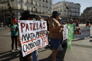 Protesta este domingo en la Puerta del Sol de Madrid convocada por el Partido Animalista PACMA para protestar por la muerte por inanición de 32 perros de caza en Azuaga (Badajoz). EFE/ Mariscal