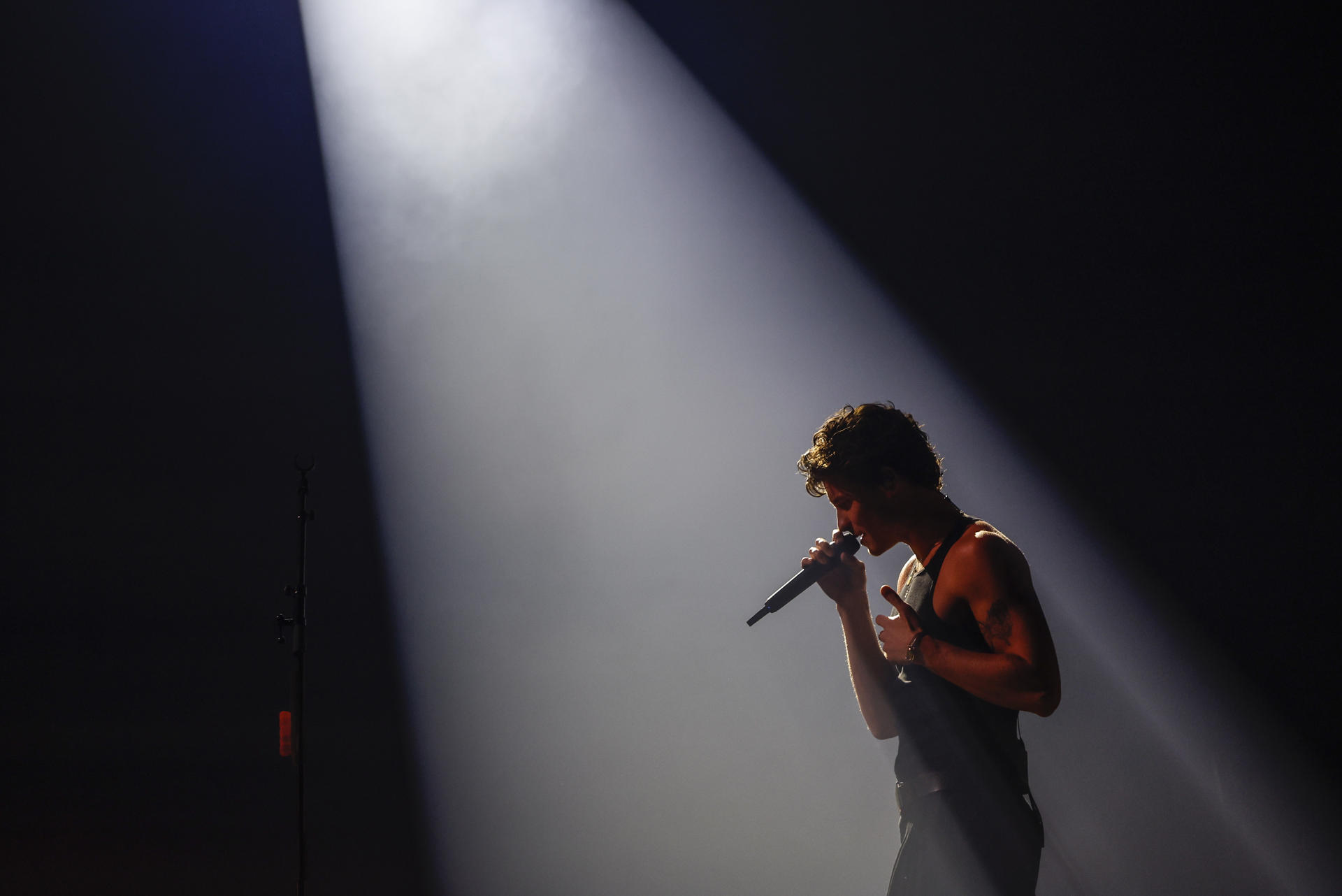 El cantante y compositor canadiense Shawn Mendes durante el concierto ofrecido este martes en el Movistar Arena, en Madrid. EFE/ Mariscal
