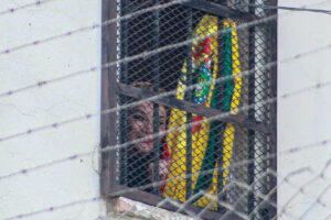 La expresidenta interina de Bolivia Jeanine Áñez sostiene una bandera de Bolivia desde una ventana este lunes, en el Centro de Orientación Femenina de Miraflores, en La Paz (Bolivia). EFE/ Gabriel Márquez