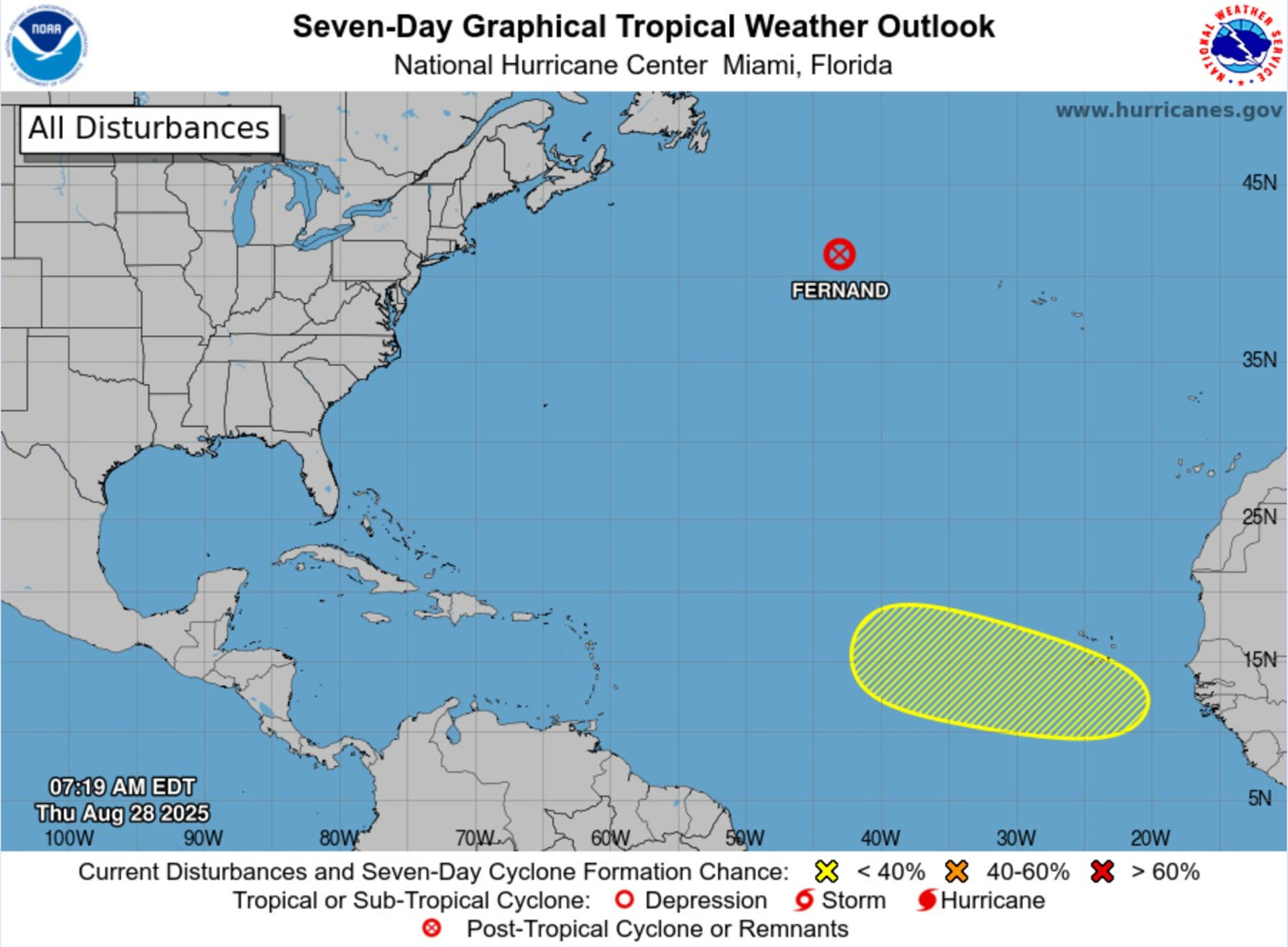 Imagen tomada de la página oficial del Centro Nacional de Huracanes (NHC, en inglés) que muestra el estado del huracán Fernand este jueves. EFE/ Centro Nacional de Huracanes