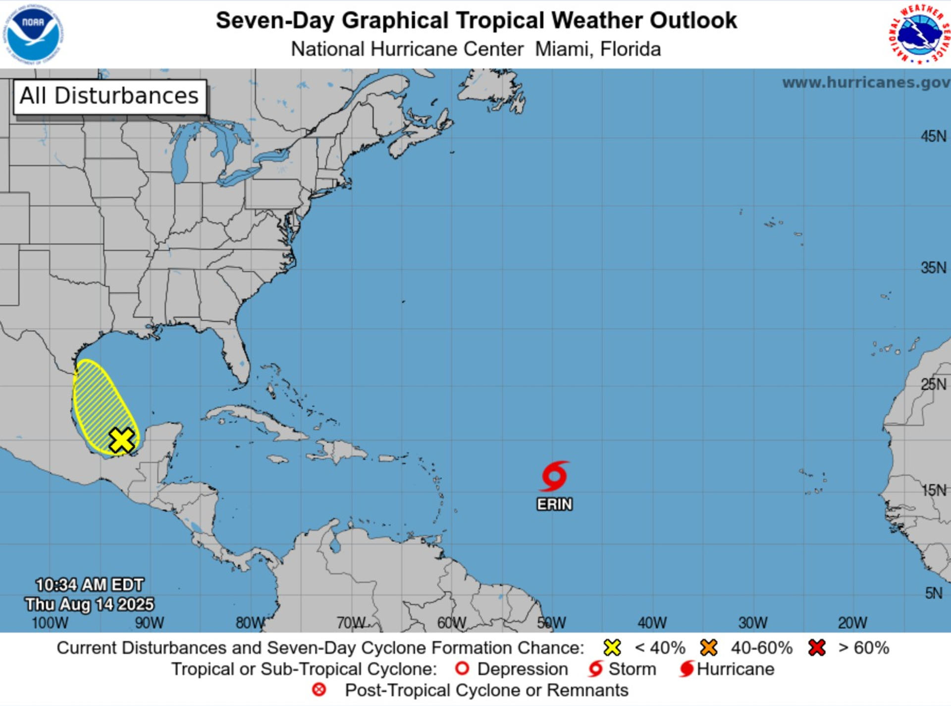 Fotografía tomada de la pagina oficial del Centro Nacional de Huracanes del mapa de la tormenta tropical Erin en el Atlántico. EFE/ Centro Nacional de Huracanes