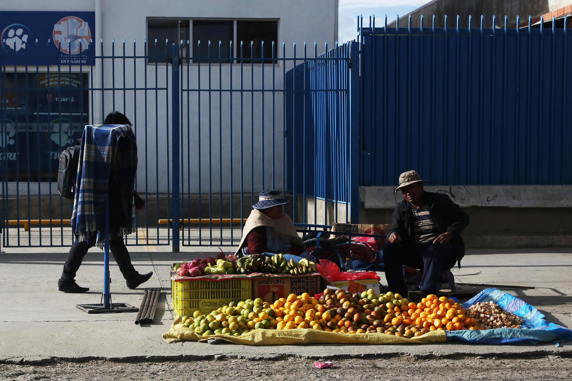 Personas venden frutas este lunes, en El Alto (Bolivia). EFE/ Luis Gandarillas