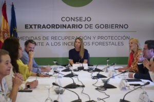 El Gobierno extremeño reunido en sesión extraordinaria para abordar y anunciar medidas de recuperación y protección frente a los incendios forestales, un encuentro que tiene lugar horas antes de la visita de Felipe VI y doña Letizia a las zonas más afectadas por el incendio de Jarilla (Cáceres), este viernes en Hervás (Cáceres). EFE/Eduardo Palomo