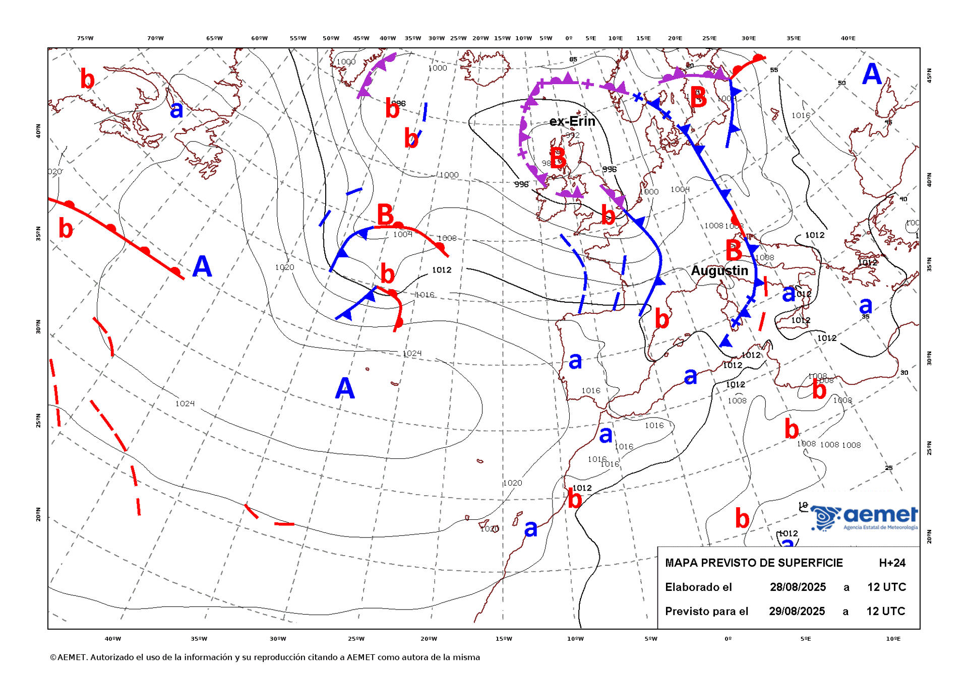 Mapa de isobaras facilitado por la Aemet elaborado el 28/08/2025 previsto para el 29/08/2025. EFE ***SOLO USO EDITORIAL/SOLO DISPONIBLE PARA ILUSTRAR LA NOTICIA QUE ACOMPAÑA (CRÉDITO OBLIGATORIO)***