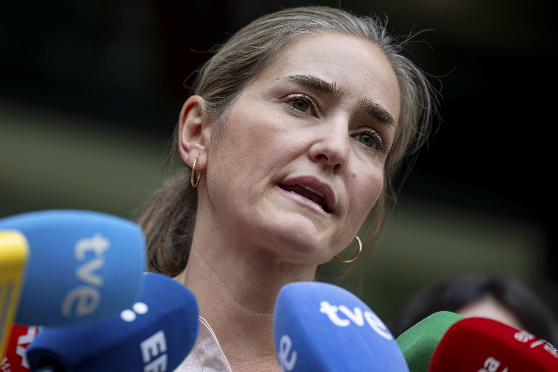 La vicepresidenta tercera y ministra para la Transición Ecológica y el Reto Demográfico, Sara Aagesen, realiza declaraciones ante los medios tras visitar el Centro de Coordinación de la Información Nacional sobre Incendios Forestales (CCINIF), este lunes, en Madrid. EFE/ Daniel González