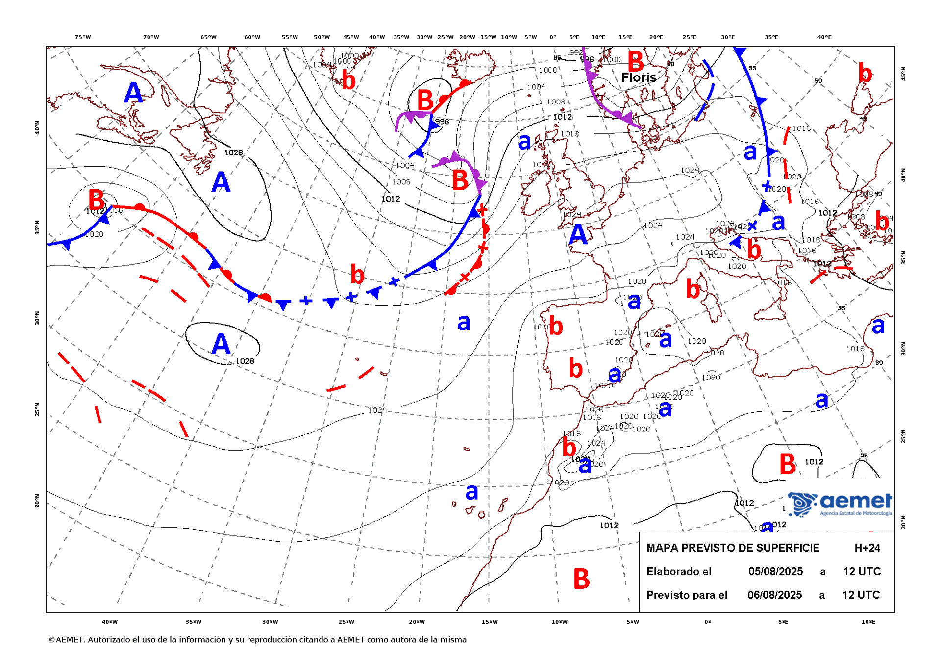 Mapa de isobaras facilitado por la Aemet previsto para el 06/08/2025. EFE/ SOLO USO EDITORIAL/SOLO DISPONIBLE PARA ILUSTRAR LA NOTICIA QUE ACOMPAÑA (CRÉDITO OBLIGATORIO)