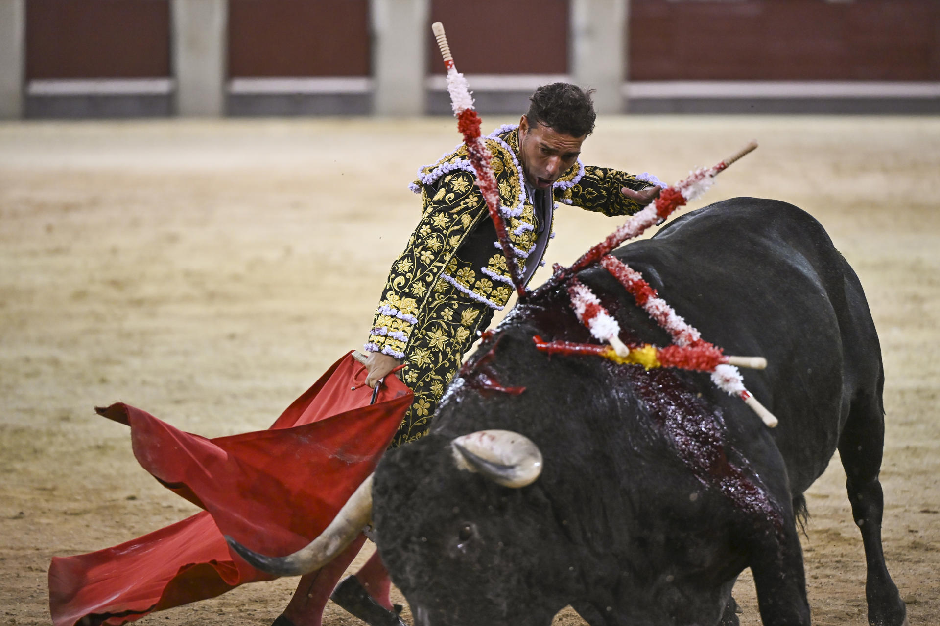 El diestro Raúl Rivera da un pase con la muleta al segundo de los de su lote, durante la corrida celebrada este jueves en la plaza de toros de Las Ventas, en Madrid. EFE/Fernando Villar