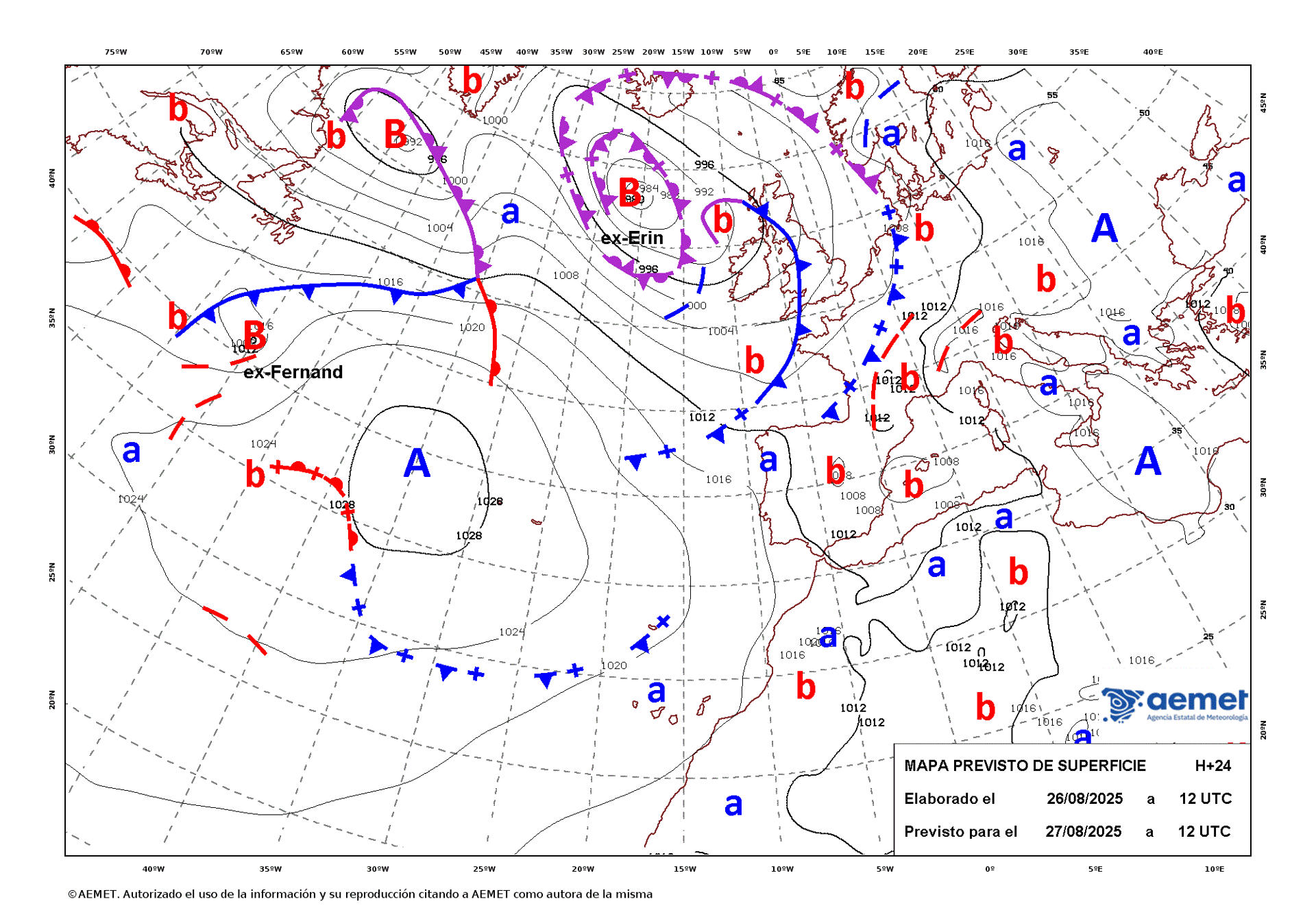 Mapa de isobaras facilitado por la Aemet previsto para el 27/08/2025. EFE ***SOLO USO EDITORIAL/SOLO DISPONIBLE PARA ILUSTRAR LA NOTICIA QUE ACOMPAÑA (CRÉDITO OBLIGATORIO)***