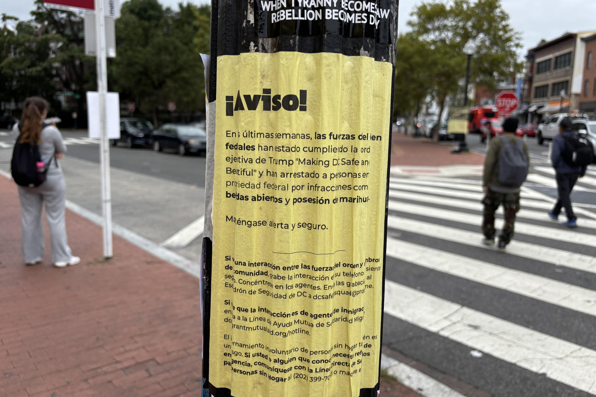Fotografía que muestra un cartel en contra de la redadas este jueves, en Washington (EE.UU.). EFE/ Esteban Capdepon Sendra