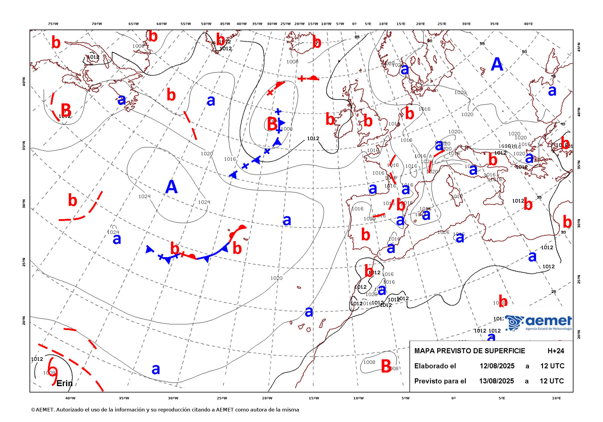 Mapa de isobaras facilitado por la Aemet previsto para el 13/08/2025. EFE/AEMET - SOLO USO EDITORIAL/SOLO DISPONIBLE PARA ILUSTRAR LA NOTICIA QUE ACOMPAÑA (CRÉDITO OBLIGATORIO)