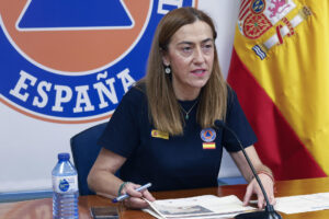 La directora general de Protección Civil, Virginia Barcones, comparece este jueves en Madrid tras la reunión del Cecod para informar sobre los incendios activos en España. EFE/J.P. Gandul