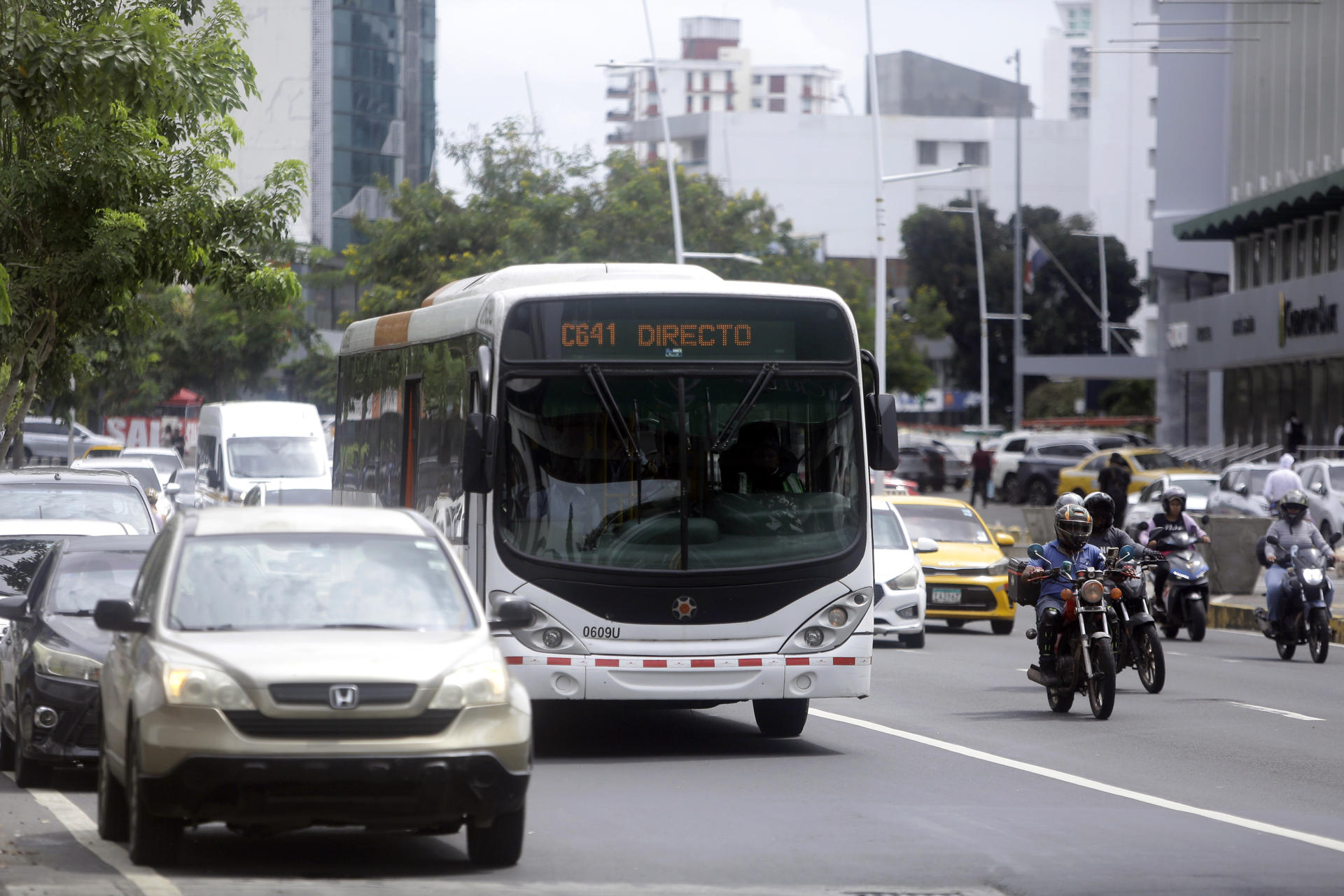 Fotografía que muestra un metrobús del Transporte Masivo de Panamá S.A. (MiBus) este martes, en Ciudad de Panamá (Panamá). EFE/ Carlos Lemos