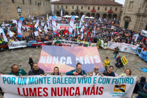 Numerosos colectivos de Galicia se han manifestado esta mañana en Santiago de Compostela para protestar por la actuación de la Xunta en los incendios forestales del pasado mes de agosto y pedir un monte vivo y con futuro. EFE/Xoán Rey.