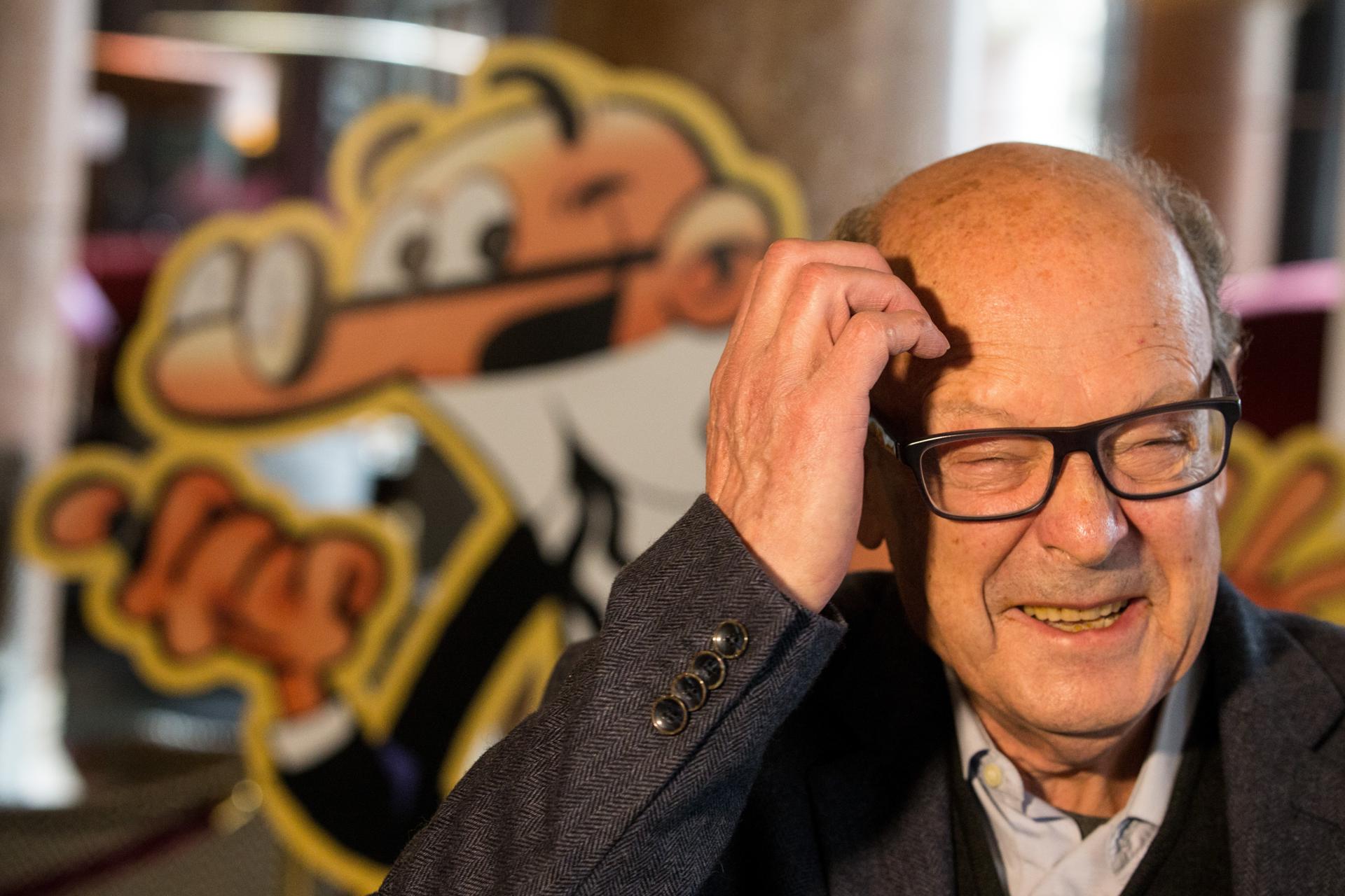Francisco Ibáñez, el padre de Mortadelo y Filemón, los dos personajes del cómic español más universales, durante la celebración hoy del 60 aniversario de su creación con una fiesta en un céntrico hotel de Barcelona. EFE/ Enric Fontcuberta