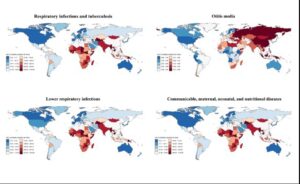 Mapa de la distribución global de muertes atribuibles al impacto del humo en niños menores de 14 años, en cuatro categorías principales de enfermedades. Crédito: Siyu Dai/ERS