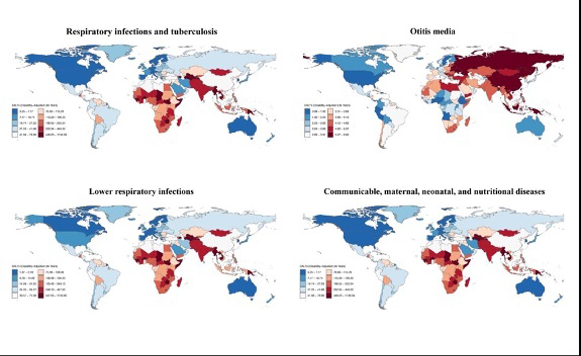 Mapa de la distribución global de muertes atribuibles al impacto del humo en niños menores de 14 años, en cuatro categorías principales de enfermedades. Crédito: Siyu Dai/ERS