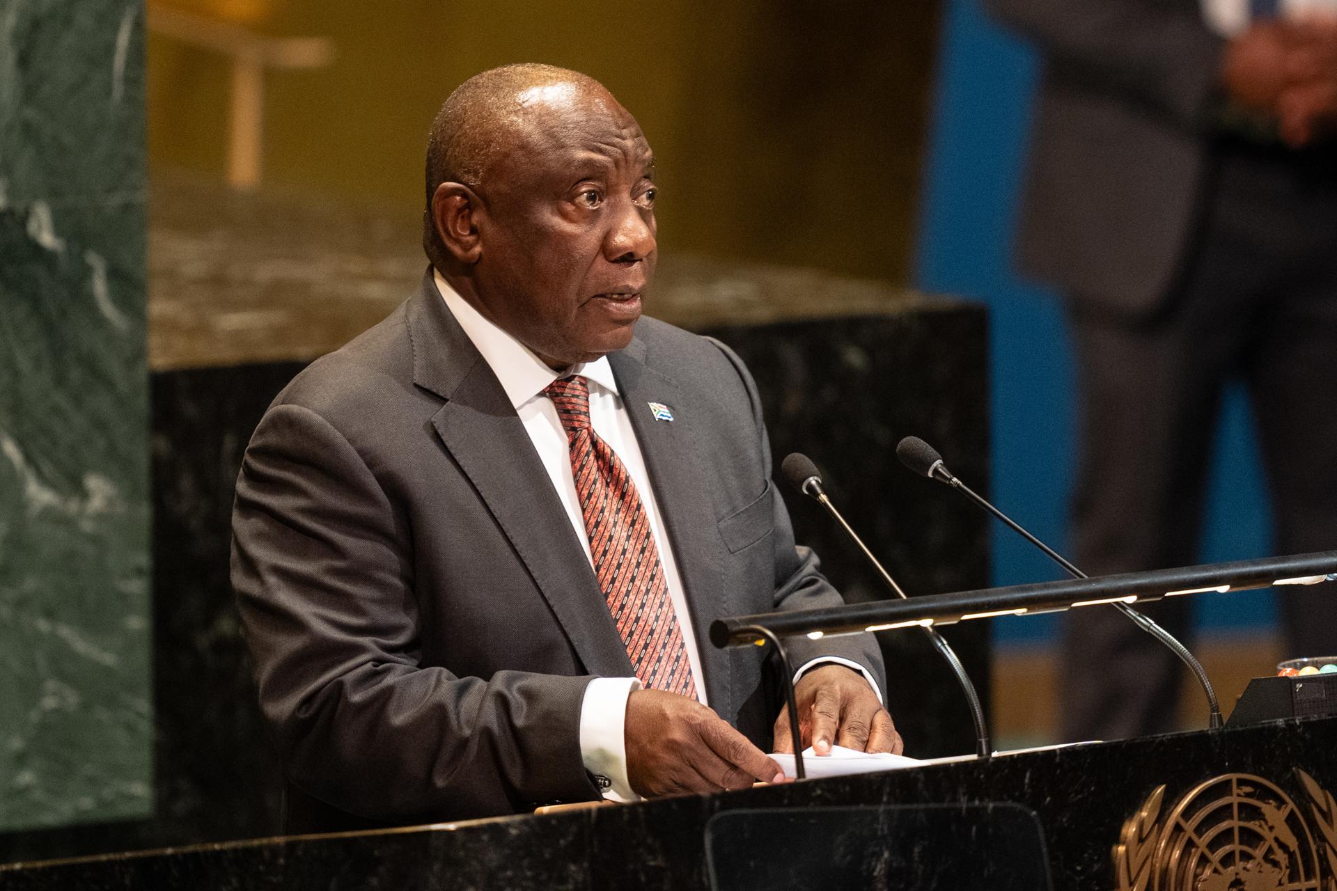 El presidente sudafricano, Cyril Ramaphosa, durante la Asamblea General de las Naciones Unidas, en Nueva York, EE.UU., el 22 de septiembre de 2025. EFE/EPA/LEV RADIN

