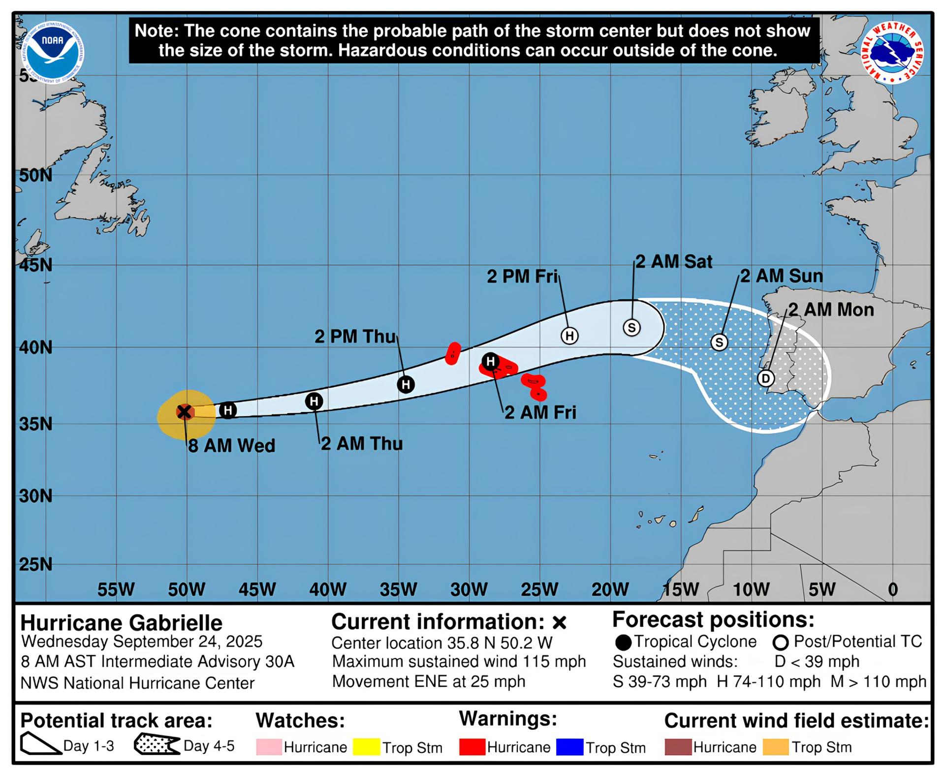 Imagen cedida este miércoles, 24 de septiembre, por la Oficina Nacional de Administración Oceánica y Atmosférica de Estados Unidos (NOAA), a través del Centro Nacional de Huracanes (NHC), donde se grafica el pronóstico de cinco días de la trayectoria del huracán Gabrielle en el Atlántico. EFE/NOAA-NHC
