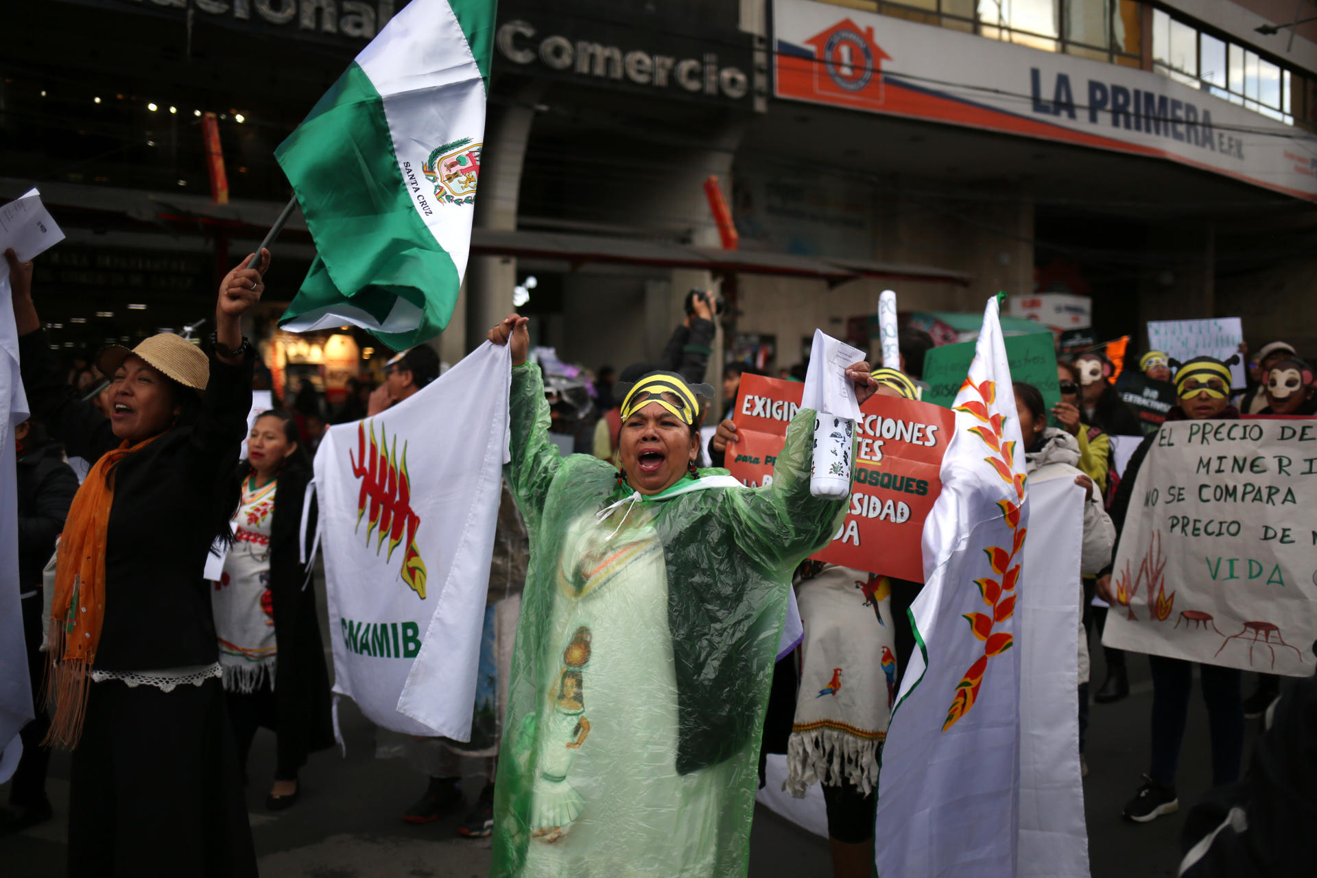 Personas participan en una marcha convocada por pueblos indígenas, contra los incendios forestales este lunes, en La Paz ( Bolivia). EFE/ Luis Gandarillas
