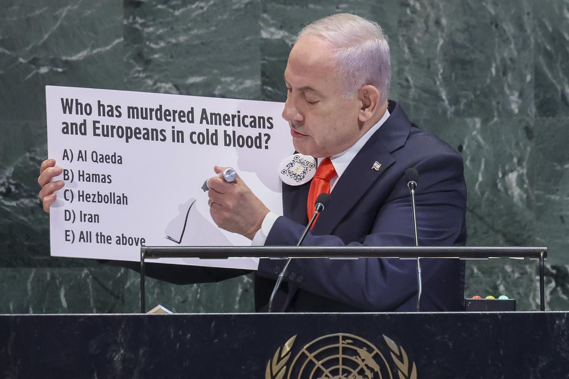 El primer ministro israelí, Benjamín Netanyahu, ante la Asamblea General de la ONU. EFE/EPA/SARAH YENESEL