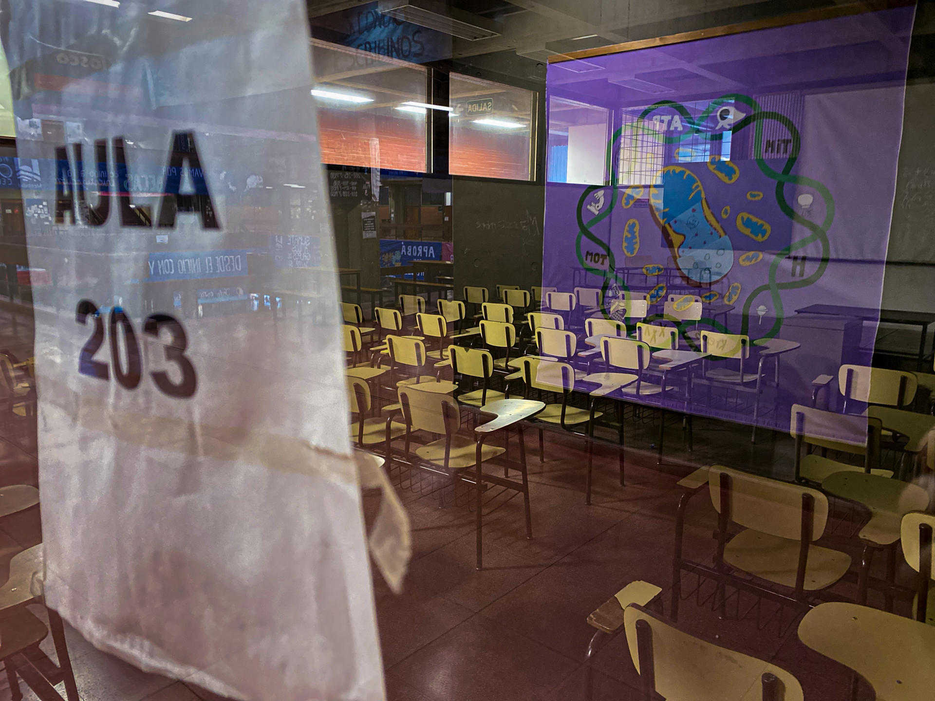 Fotografía de sillas desocupadas en un salón de clases este viernes, en la Universidad de Buenos Aires (Argentina). EFE/ Pablo Barrera
