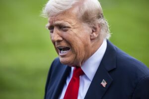 El presidente de EE.UU., Donald Trump, habla con los reporteros mientras sale de la Casa Blanca. EFE/JIM LO SCALZO