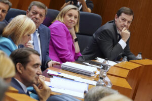 El presidente de la Junta de Castilla y León, Alfonso Fernández Mañueco (d), y el consejero de Medio Ambiente de Castilla y León, Juan Carlos Suárez-Quiñones (i), durante la sesión plenaria de este martes en Valladolid, en la que Suárez-Quiñones ha informado de su labor en la gestión de los incendios de este verano en la comunidad. EFE/Nacho Gallego