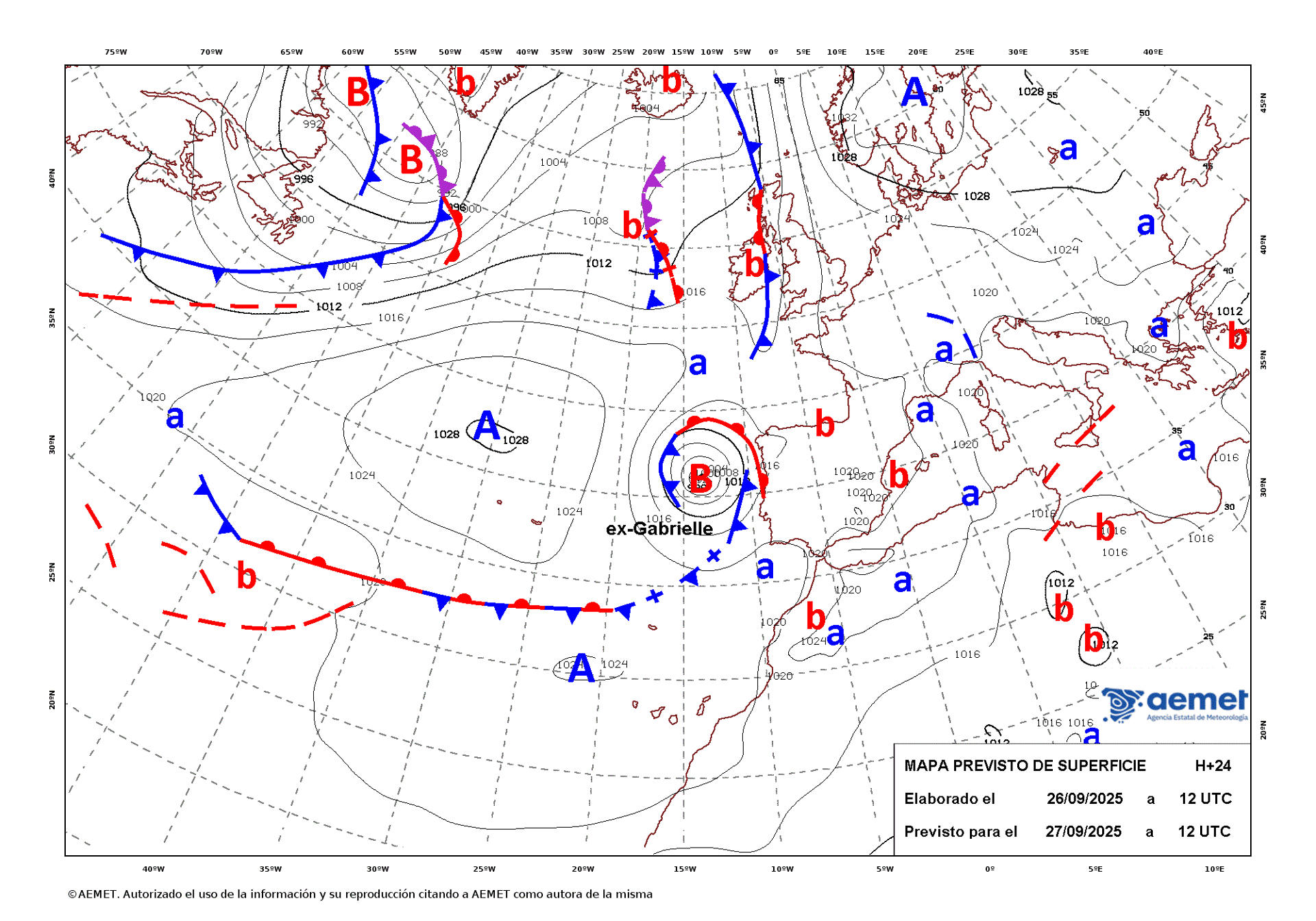 Mapa de isobaras facilitado por la Aemet elaborado el 26/09/2025 previsto para el 27/09/2025. EFE ***SOLO USO EDITORIAL/SOLO DISPONIBLE PARA ILUSTRAR LA NOTICIA QUE ACOMPAÑA (CRÉDITO OBLIGATORIO)***

