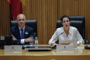 La diputada de Vox Rocío de Mer y el vicepresidente de la Asociación Nacional de Ayuda a las Víctimas de Violencia Doméstica (Anavid), Jesús Muñoz, participan en unas jornadas impulsadas por este partido y esta asociación para analizar "las consecuencias" de la ley integral de violencia de género, este jueves, en el Congreso de los Diputados. EFE/ Chema Moya