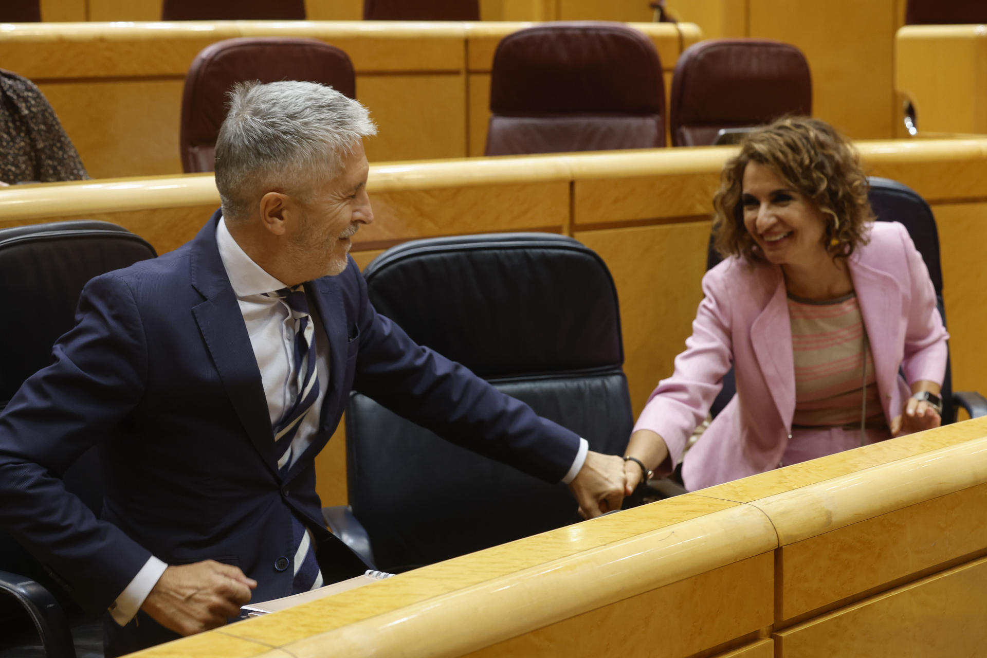 La vicepresidenta primera del Gobierno, María Jesús Montero saluda al ministro de Interior, Fernando Grande Marlaska durante la sesión de control al Gobierno celebrada este martes por el pleno del Senado. EFE/ J.P.Gandul