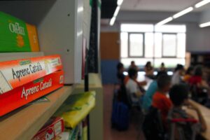Imagen de archivo de carteles que la plataforma Somescola repartió en las escuelas de Cataluña en favor del modelo de inmersión lingüística. EFE/Marta Pérez
