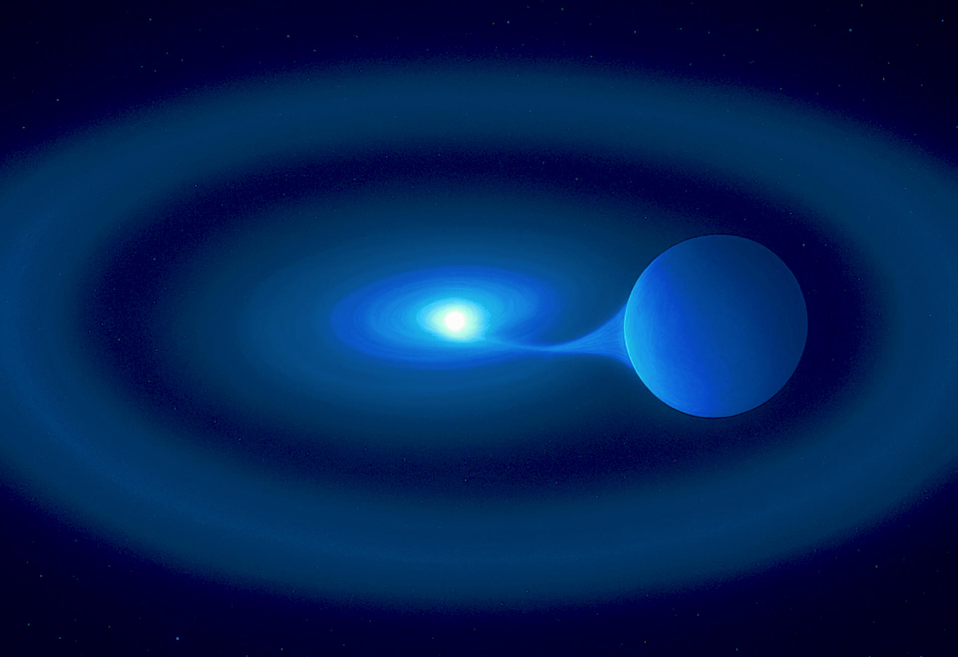 Representación artística del sistema estelar doble V Sagittae, a 10 000 años luz de la Tierra. Crédito: University of Southampton