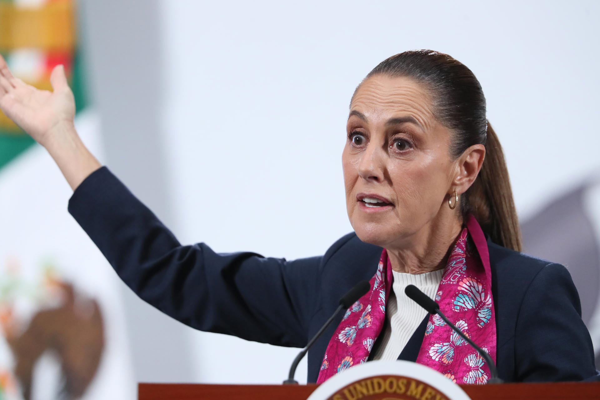 La presidenta de México, Claudia Sheinbaum, habla durante una rueda de prensa este martes en Palacio Nacional de la Ciudad de México (México). EFE/Mario Guzmán
