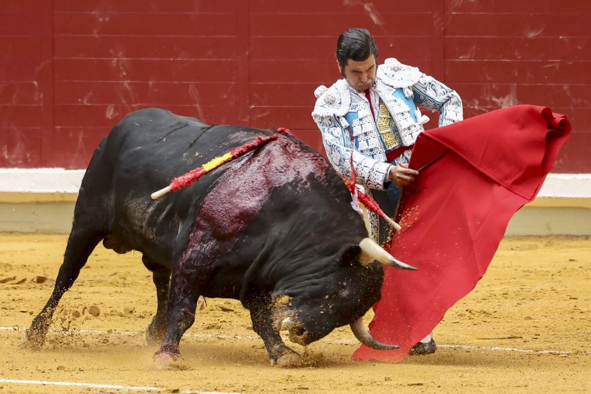 El diestro Morante de la Puebla, lidia su primer toro de la ganadería de Garcigrande en la Feria de San Mateo, este miércoles en la plaza de toros La Ribera de Logroño.-EFE/ Raquel Manzanares.
