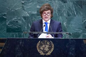 Fotografía del presidente de Argentina, Javier Milei, durante su intervención en la Asamblea General de la ONU. EFE/Kena Betancur