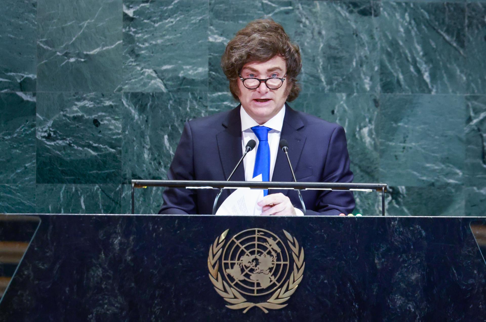 Fotografía del presidente de Argentina, Javier Milei, durante su intervención en la Asamblea General de la ONU. EFE/Kena Betancur