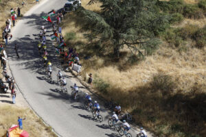 El pelotón durante la vigésima etapa de La Vuelta a España disputada este sábado entre las localidades madrileñas de Robledo de Chabela y el Puerto de Navacerrada con un recorrido de 165.6 km. EFE/ Javier Lizón