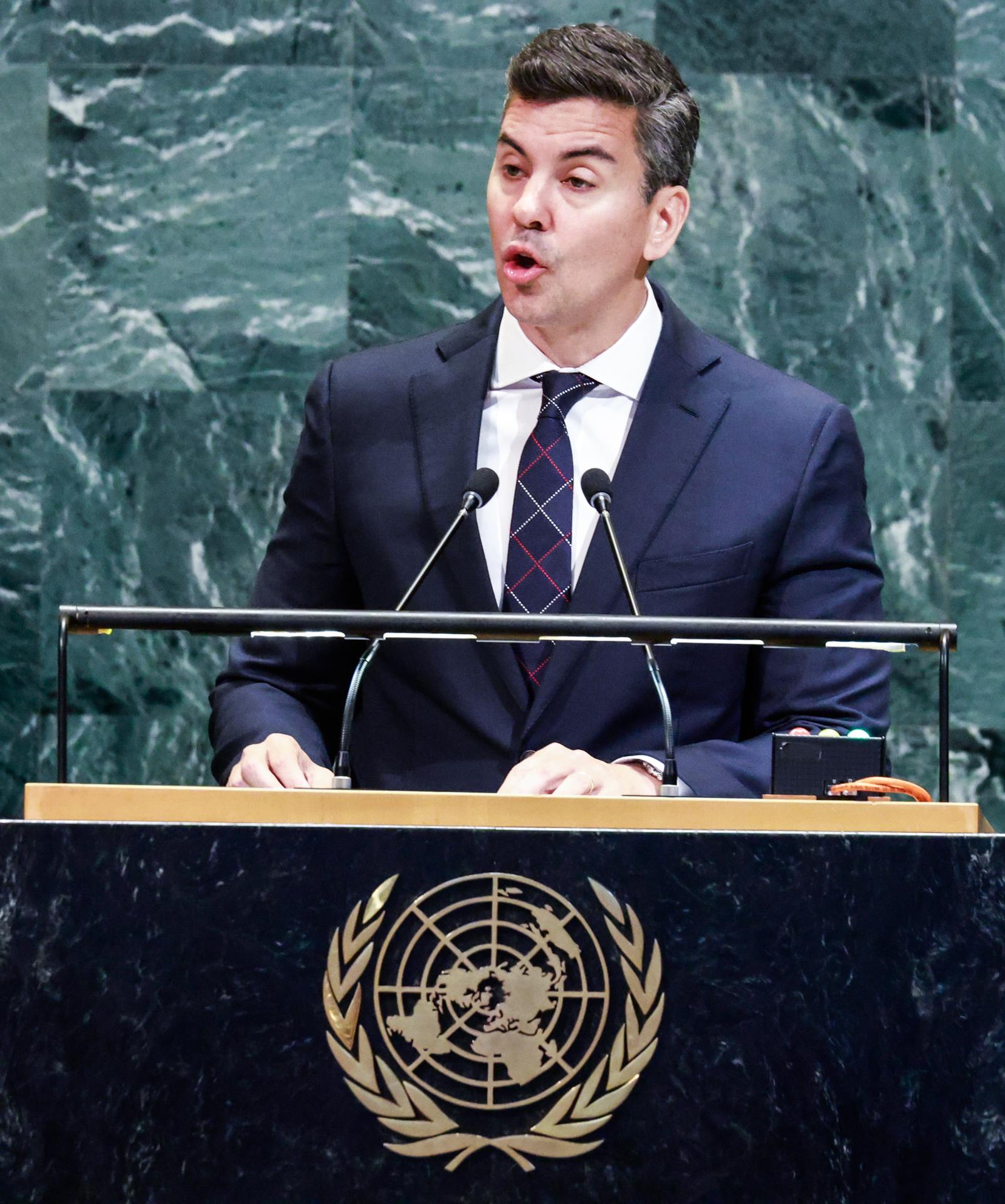 El presidente de Paraguay, Santiago Peña, durante su intervención en la Asamblea General de la ONU. EFE/Kena Betancur