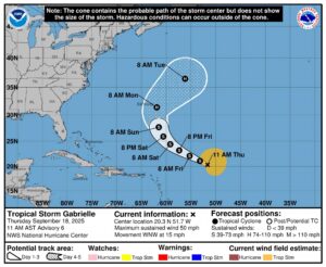 Imagen cedida donde se muestra el pronóstico de cinco días del paso de la tormenta Gabrielle por el Atlántico. EFE/NOAA-NHC