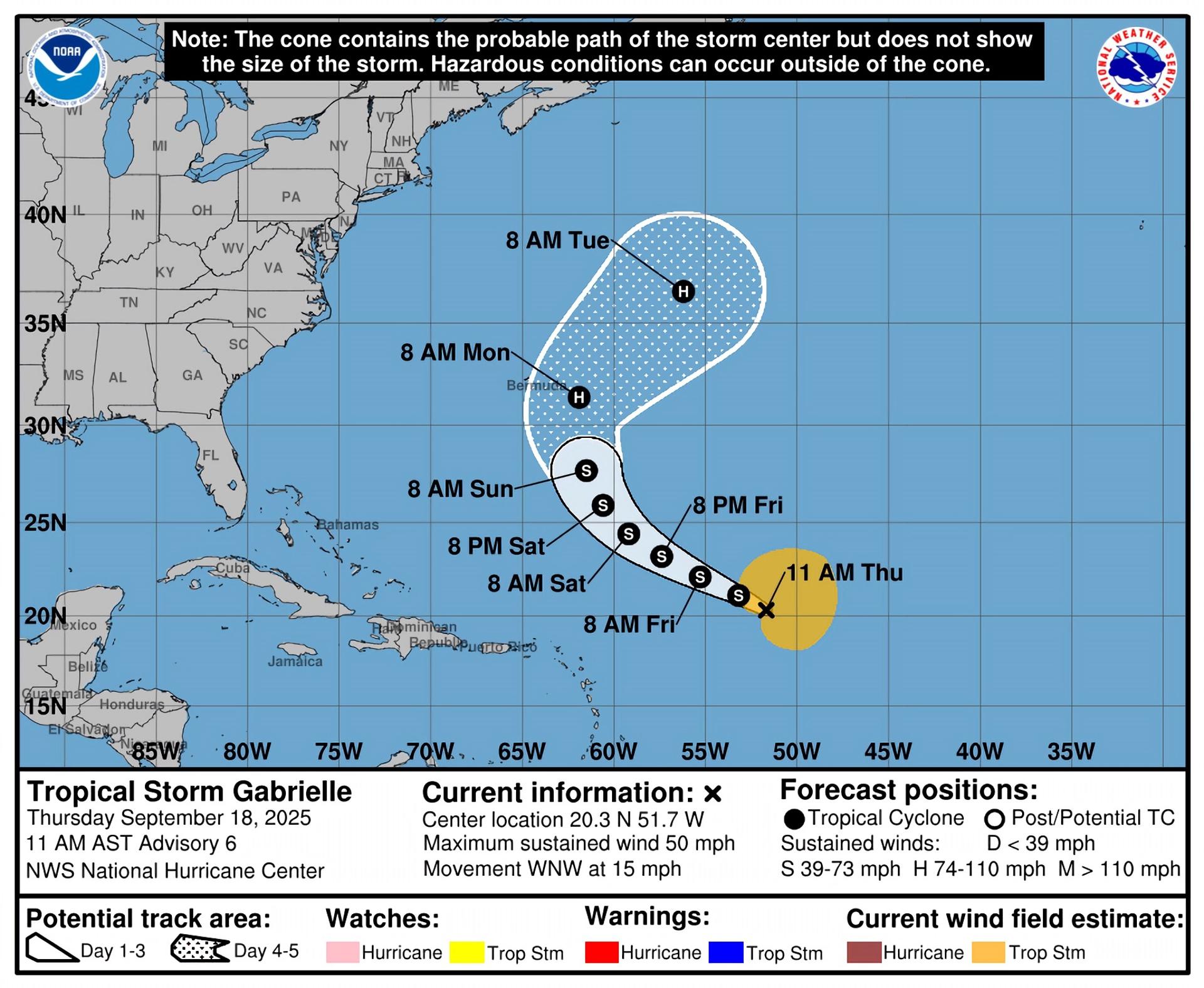 Imagen cedida donde se muestra el pronóstico de cinco días del paso de la tormenta Gabrielle por el Atlántico. EFE/NOAA-NHC