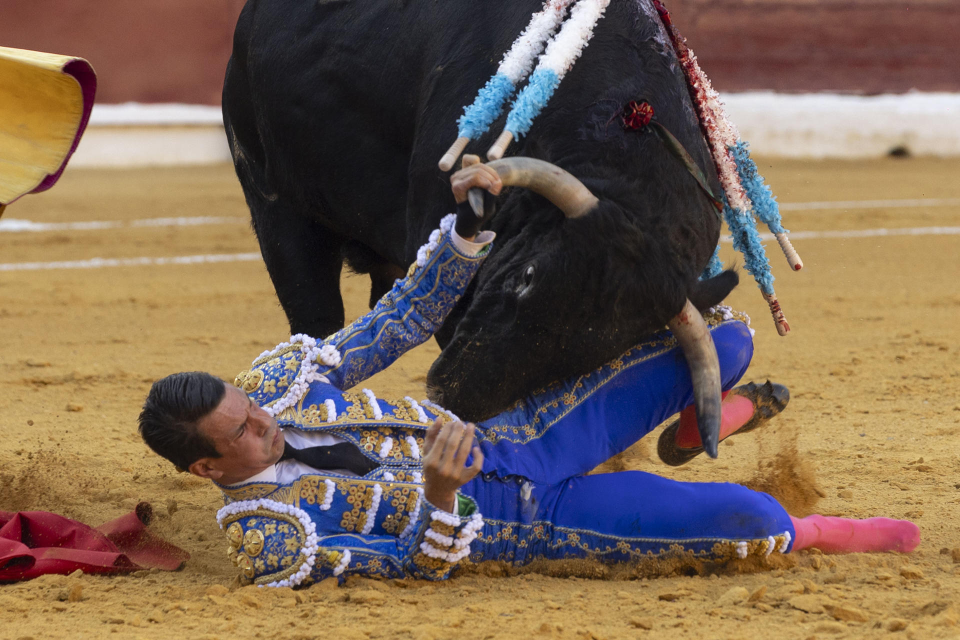 El torero alicantino José María Manzanares durante la lidia de su primer toro, de la ganadería de Daniel Ruiz, en el segundo festejo de la Feria Taurina de Murcia, este lunes en la plaza de toros de La Condomina. EFE/Marcial Guillén
