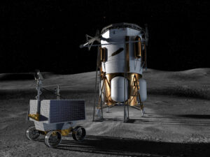 Fotografía cedida por Blue Origin de una concepción artística que muestra el módulo de aterrizaje Blue Moon Mark 1 de Blue Origin y el Rover de Exploración Polar para la Investigación de Volátiles (VIPER) de la NASA en la superficie lunar. EFE/ Blue Origin /SOLO USO EDITORIAL NO VENTAS /SOLO DISPONIBLE PARA ILUSTRAR LA NOTICIA QUE ACOMPAÑA (CRÉDITO OBLIGATORIO)