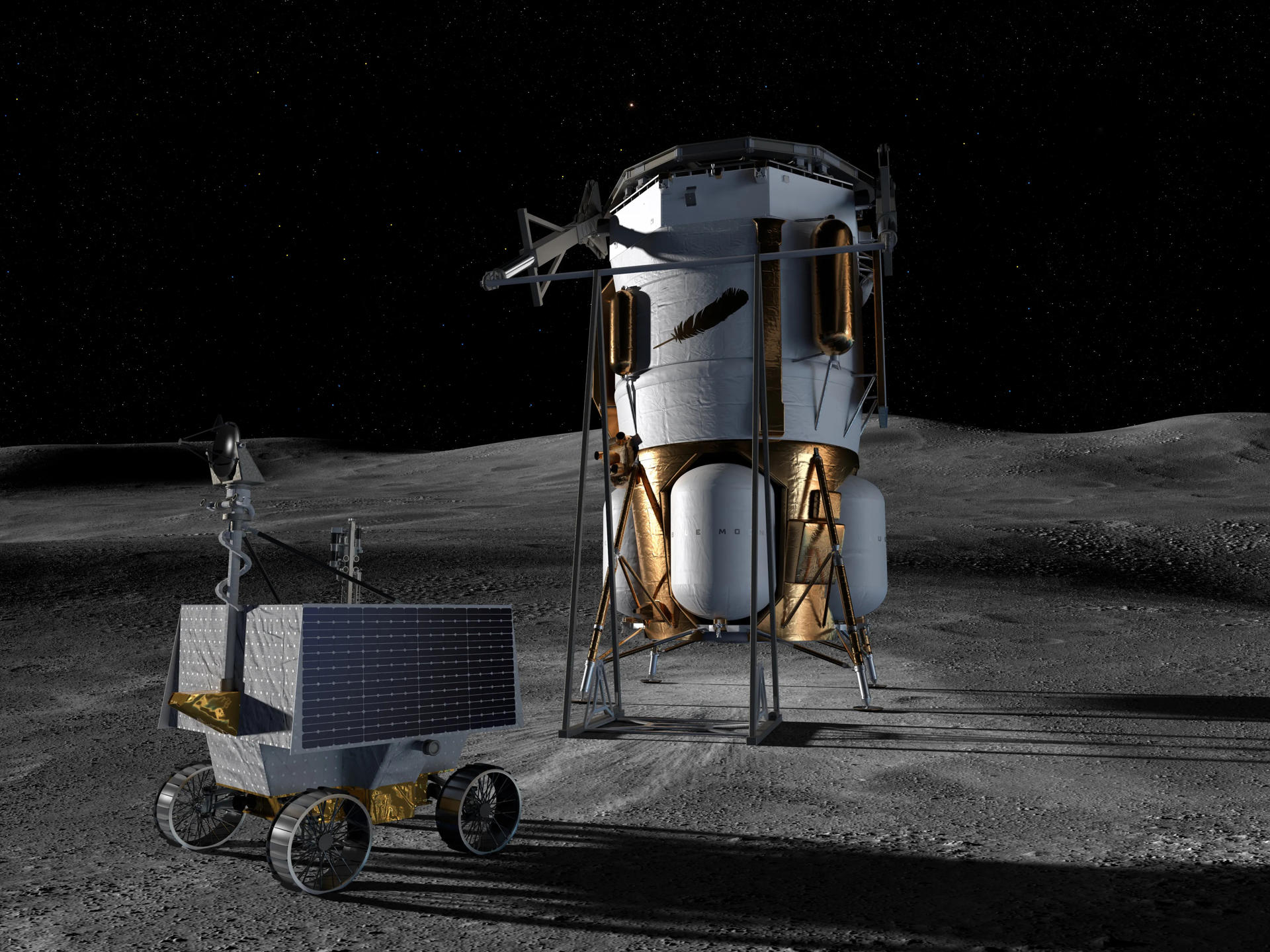 Fotografía cedida por Blue Origin de una concepción artística que muestra el módulo de aterrizaje Blue Moon Mark 1 de Blue Origin y el Rover de Exploración Polar para la Investigación de Volátiles (VIPER) de la NASA en la superficie lunar. EFE/ Blue Origin /SOLO USO EDITORIAL NO VENTAS /SOLO DISPONIBLE PARA ILUSTRAR LA NOTICIA QUE ACOMPAÑA (CRÉDITO OBLIGATORIO)