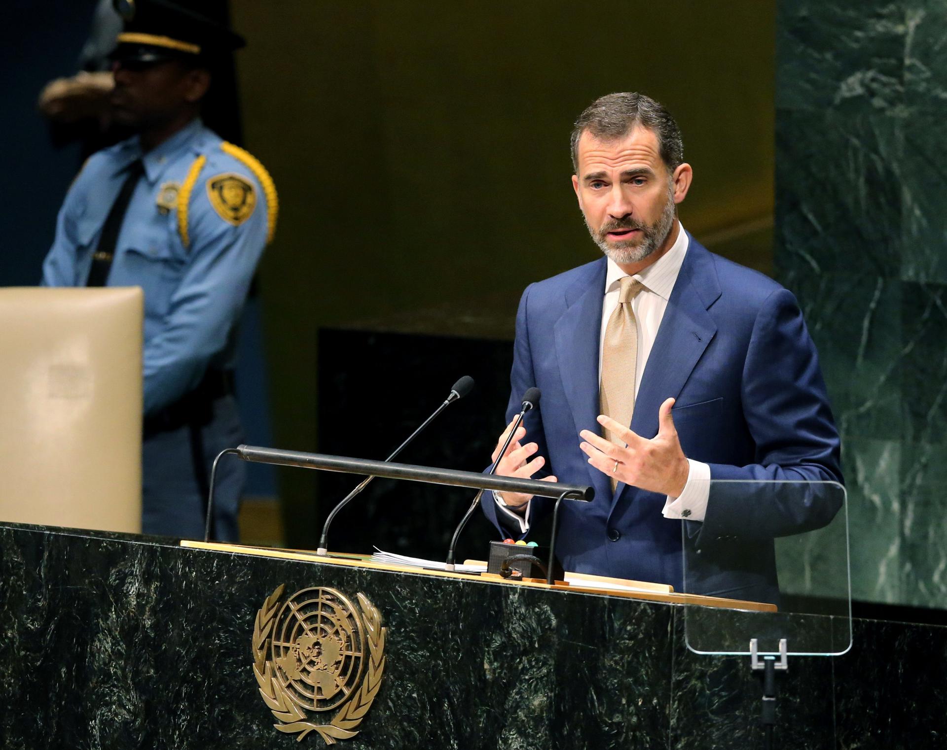 Imagen de archivo del rey Felipe VI durante su intervención ante la Asamblea General de las Naciones Unidas en 2014. /Archivo. EFE/Ballesteros