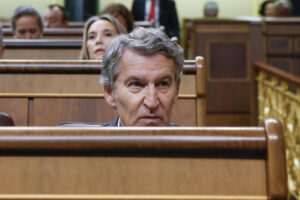 El líder del Partido Popular, Alberto Núñez-Feijóo, asiste a la sesión de control al Gobierno en el Congreso de los Diputados en Madrid, este miércoles. EFE/ J.J. Guillén