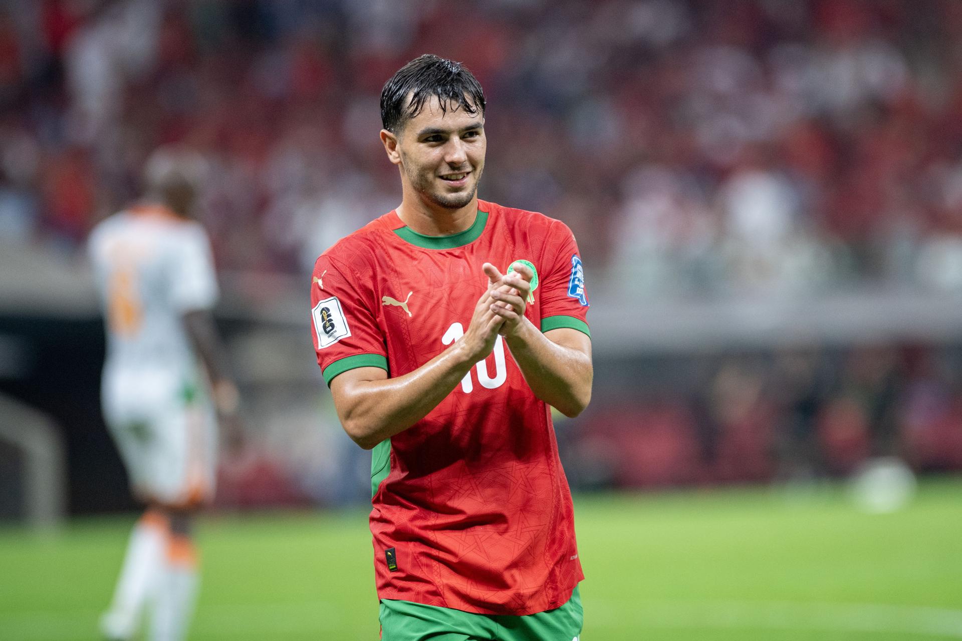 El marroquí Brahim Díaz celebra un gol durante el partido de clasificación para la Copa Mundial de la FIFA entre Marruecos y Níger, en Rabat, Marruecos. EFE/EPA/JALAL MORCHIDI