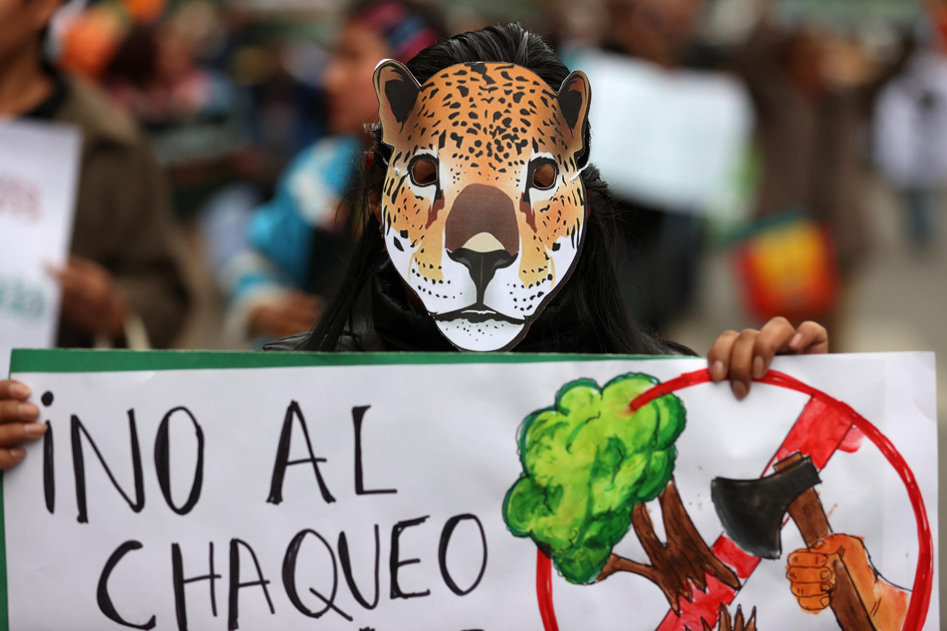 Una persona con una máscara de animal muestra un cartel en una marcha convocada por pueblos indígenas, contra los incendios forestales este lunes, en La Paz ( Bolivia). EFE/ Luis Gandarillas
